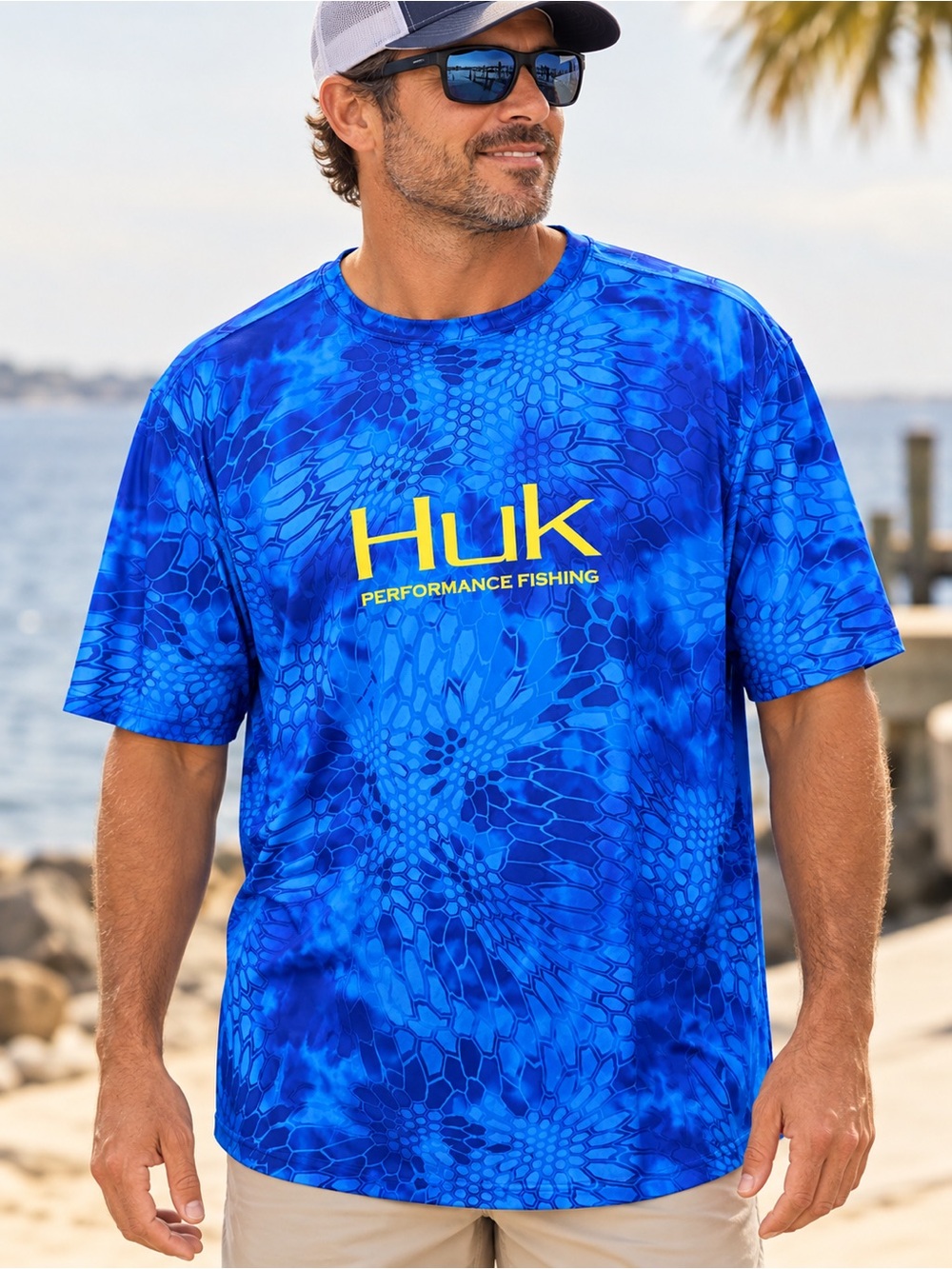 HUK Performance Fishing Shirt Men's XXL Blue Kryptek Camo Short Sleeve #788